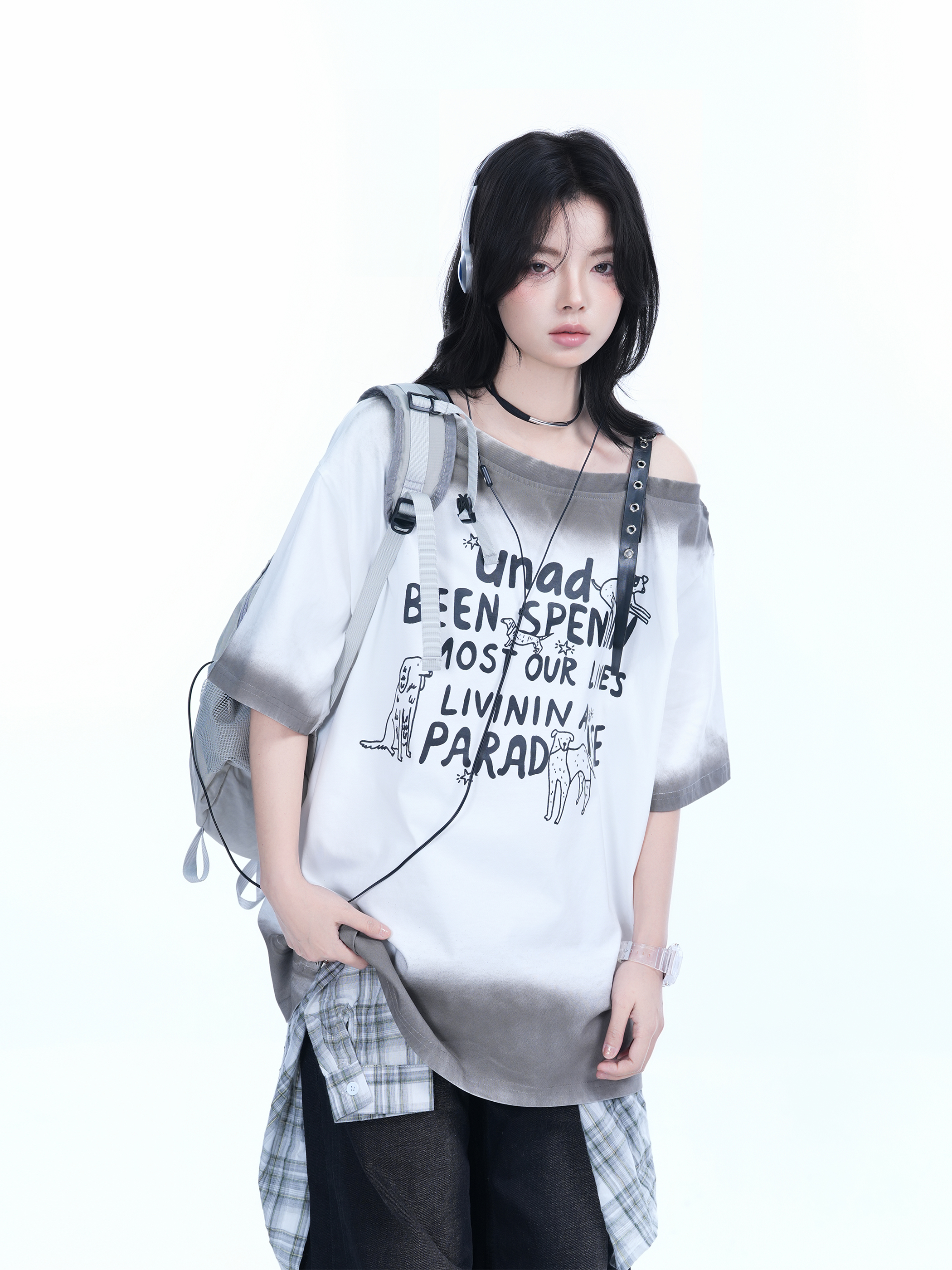 American Gradient Leather Buckle Off-Shoulder Oversized Short Sleeve T-Shirt for Women - Trendy Casual Spicy Girl Style