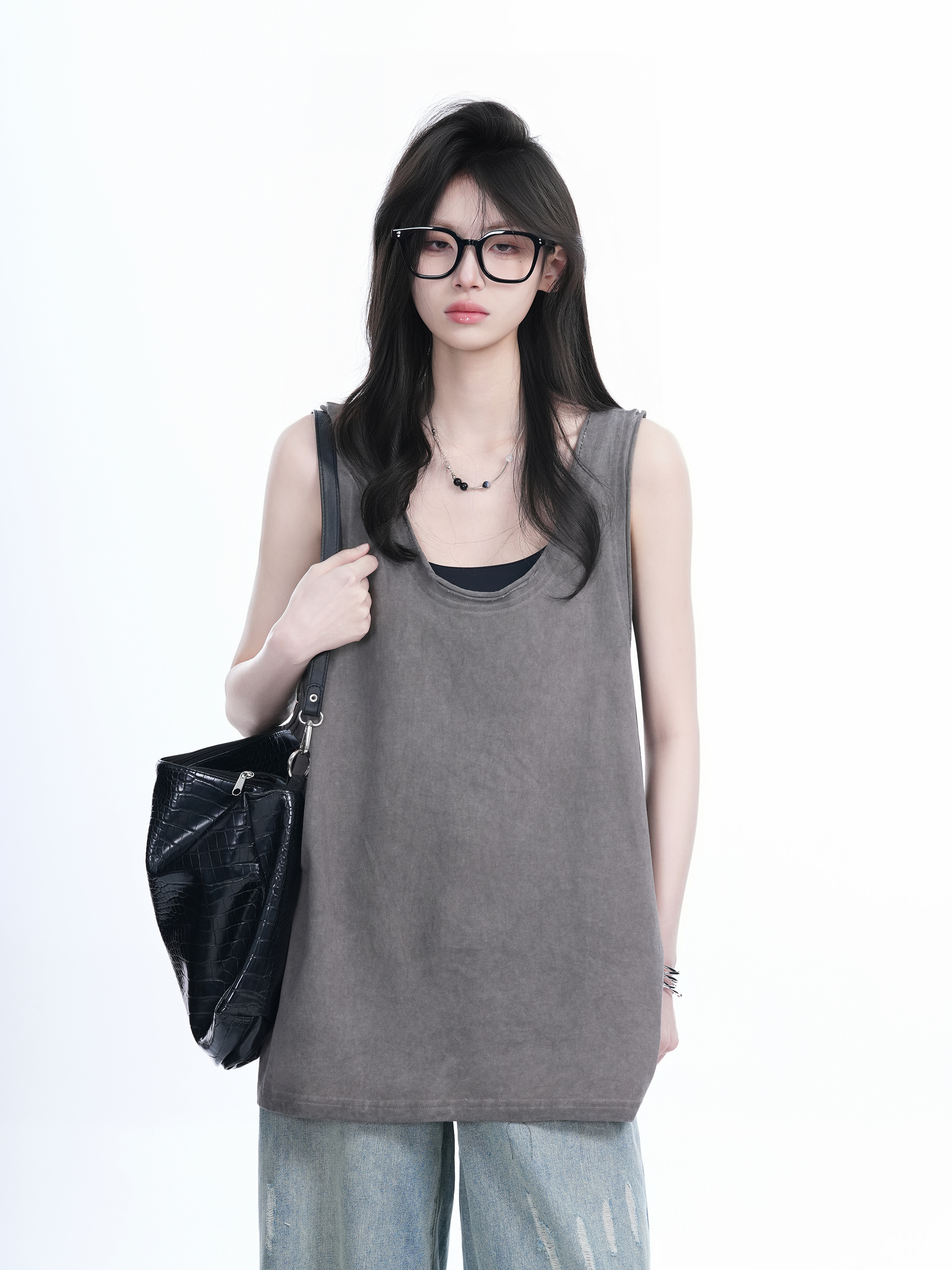 American Hip-Hop Distressed Rolled-Edge Tank Top for Women - Oversized Loose Sleeveless Tee, Trendy 90s Style