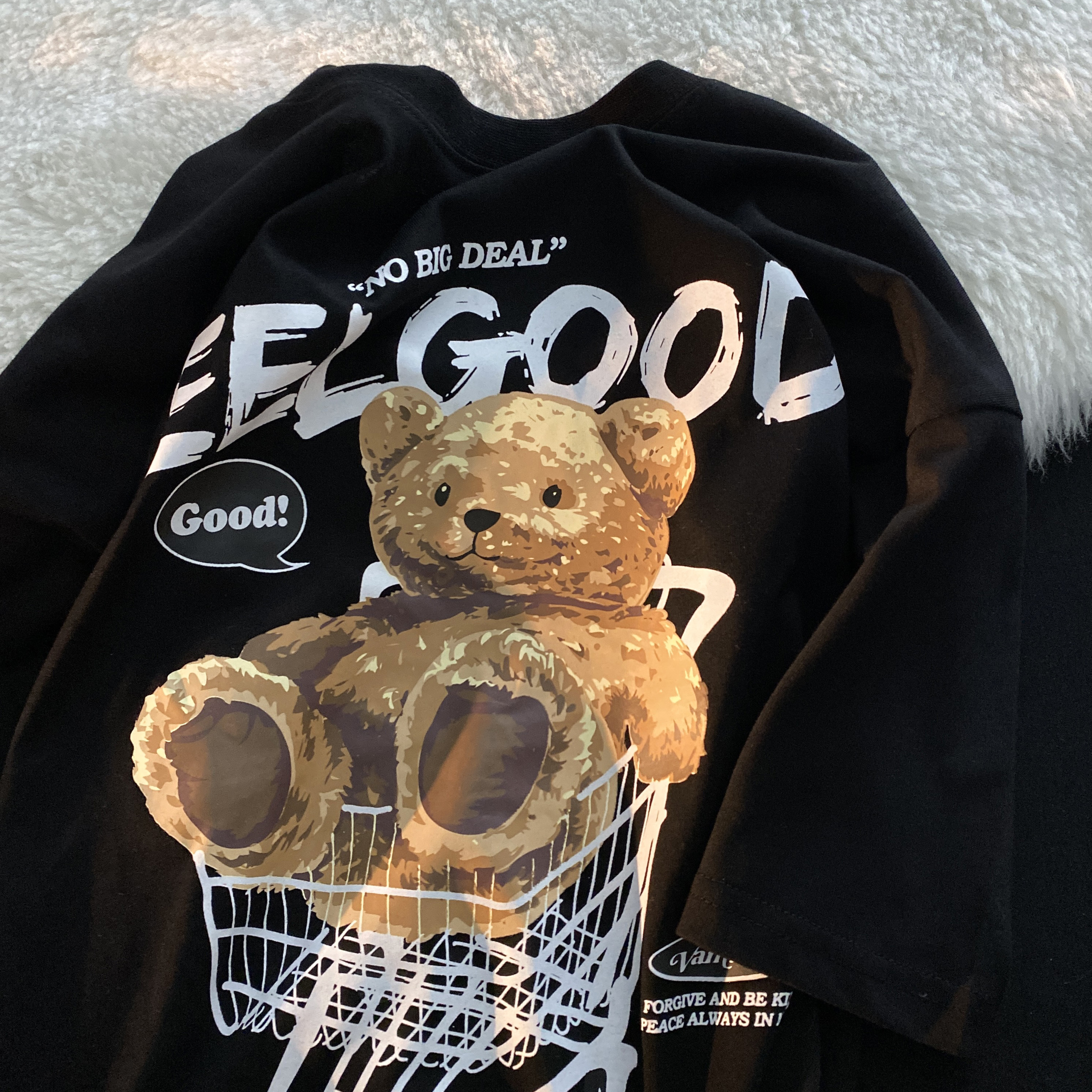 American Retro Bear Graphic Short Sleeve T-Shirt for Men and Women, Plus Size Loose-Fitting Couples Top, Trendy Streetwear