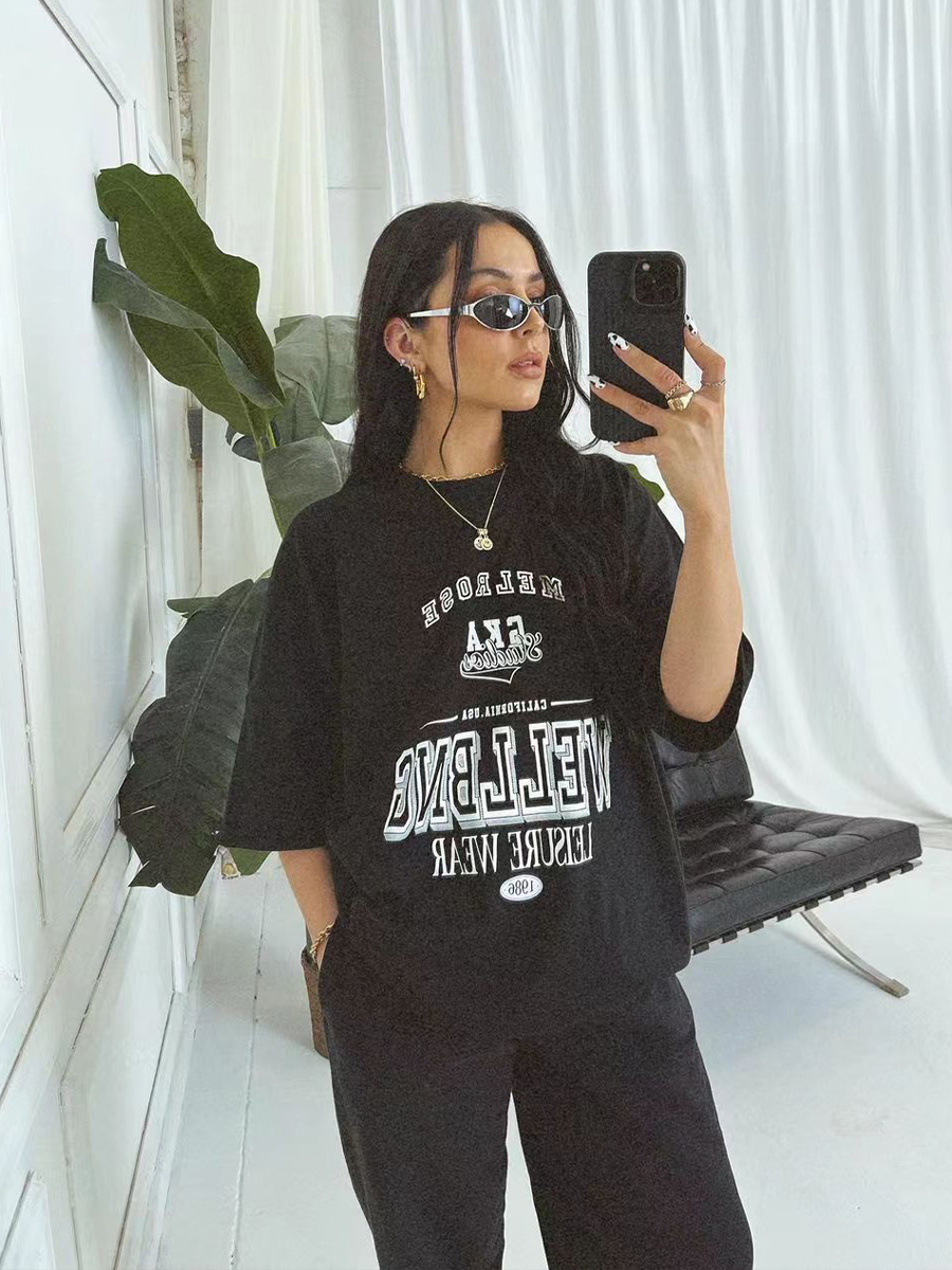American Retro Black Letter Oversized Short Sleeve T-Shirt for Women - Summer 90s Street Style Top