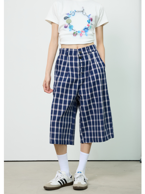 American Retro Blue and White Checkered Loose Wide-Leg Three-Quarter Pants for Women - Casual Y2K Style