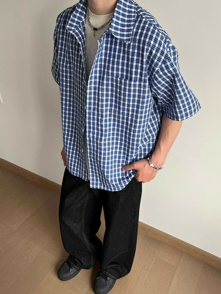 American Retro Blue Plaid Short Sleeve Shirt for Men and Women - Casual Loose Summer Fashion