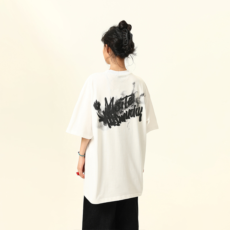 American Retro Blurry Letter Short Sleeve T-Shirt for Men and Women - Heavyweight Pure Cotton Summer Couple Tee