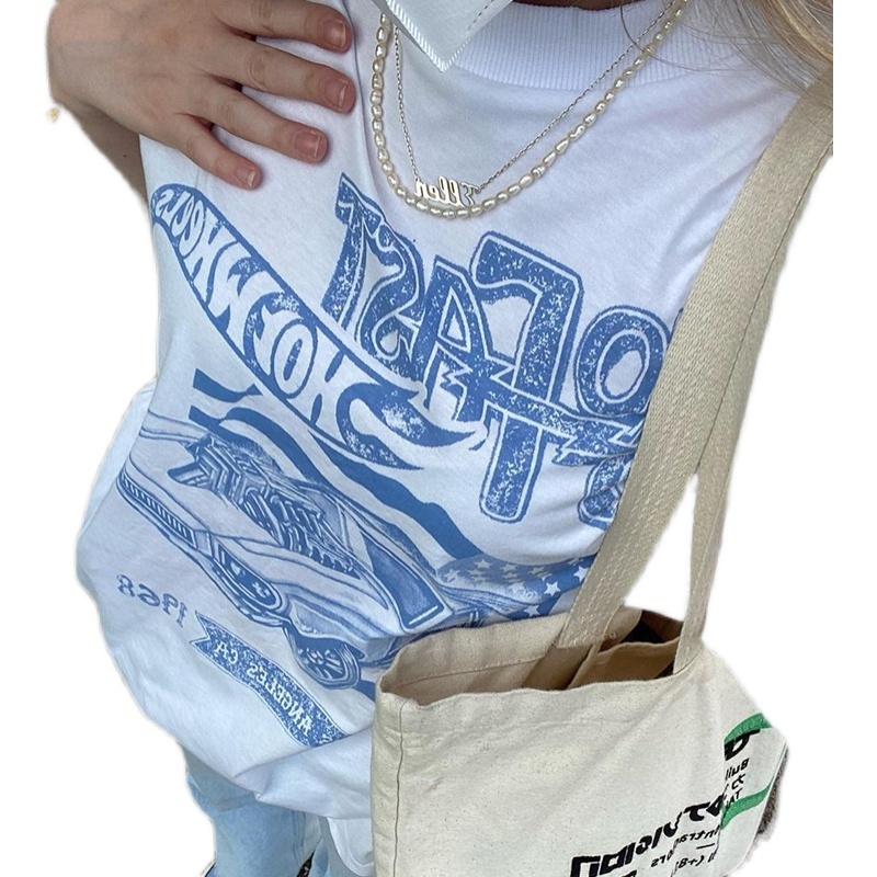 American Retro Car White T-Shirt for Women - Oversized Short Sleeve Vintage Top, Y2K Style Hot Girl Fashion