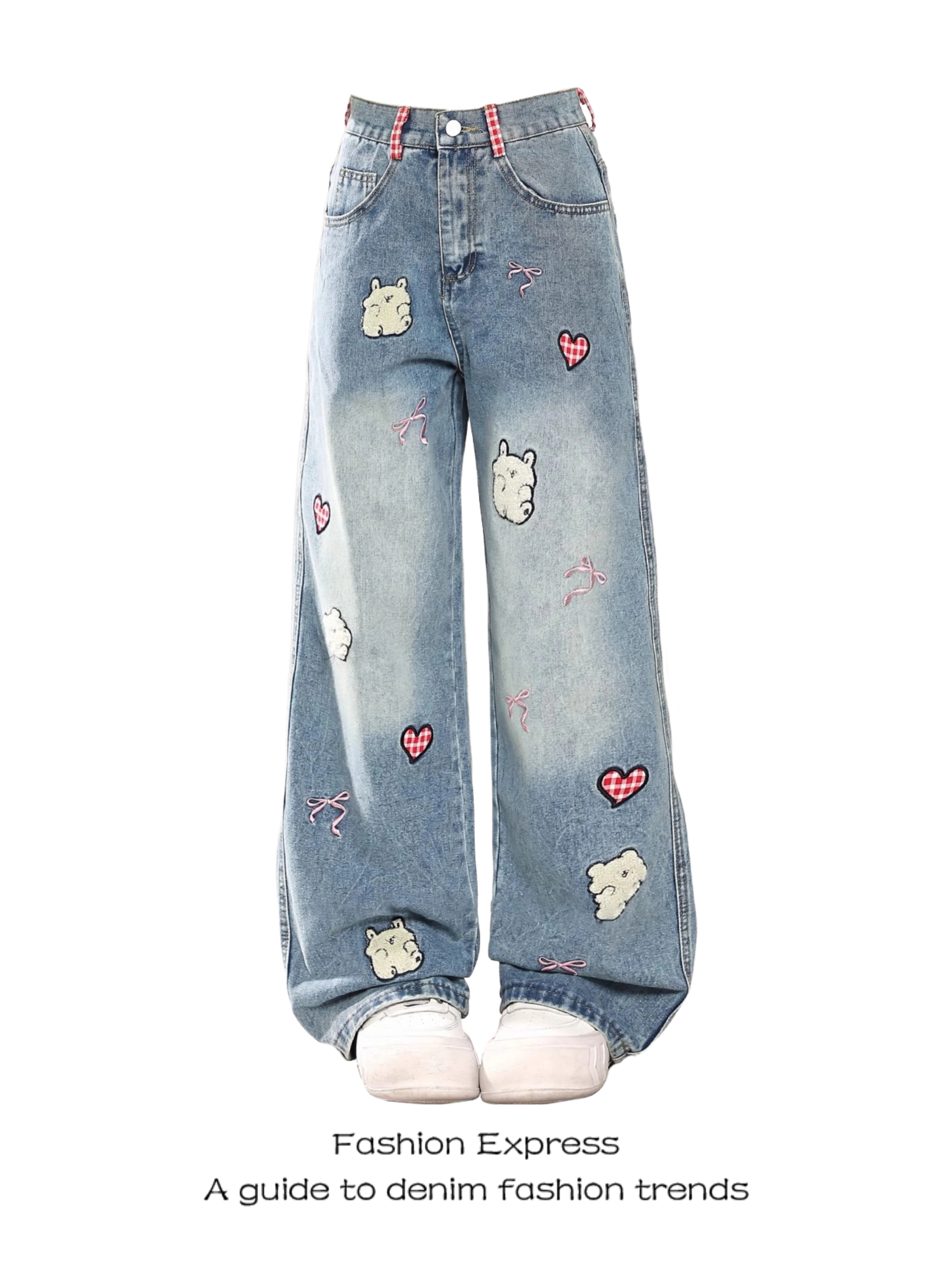 American Retro Cartoon Heart Embroidery Wide-Leg Denim Pants for Women - Casual Loose Fit Straight-Leg Trousers for Spring