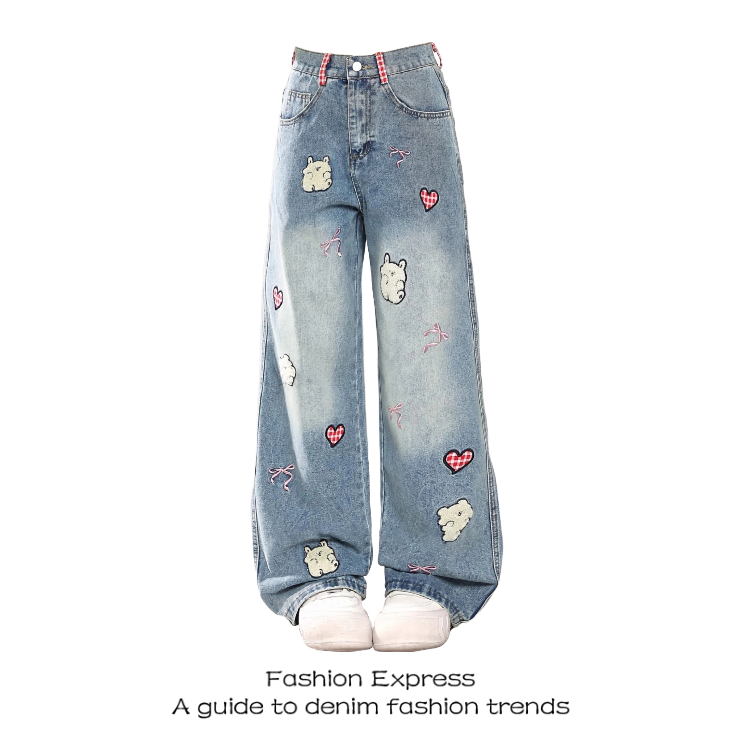 American Retro Cartoon Heart Embroidery Wide-Leg Denim Pants for Women - Casual Loose Fit Straight-Leg Trousers for Spring