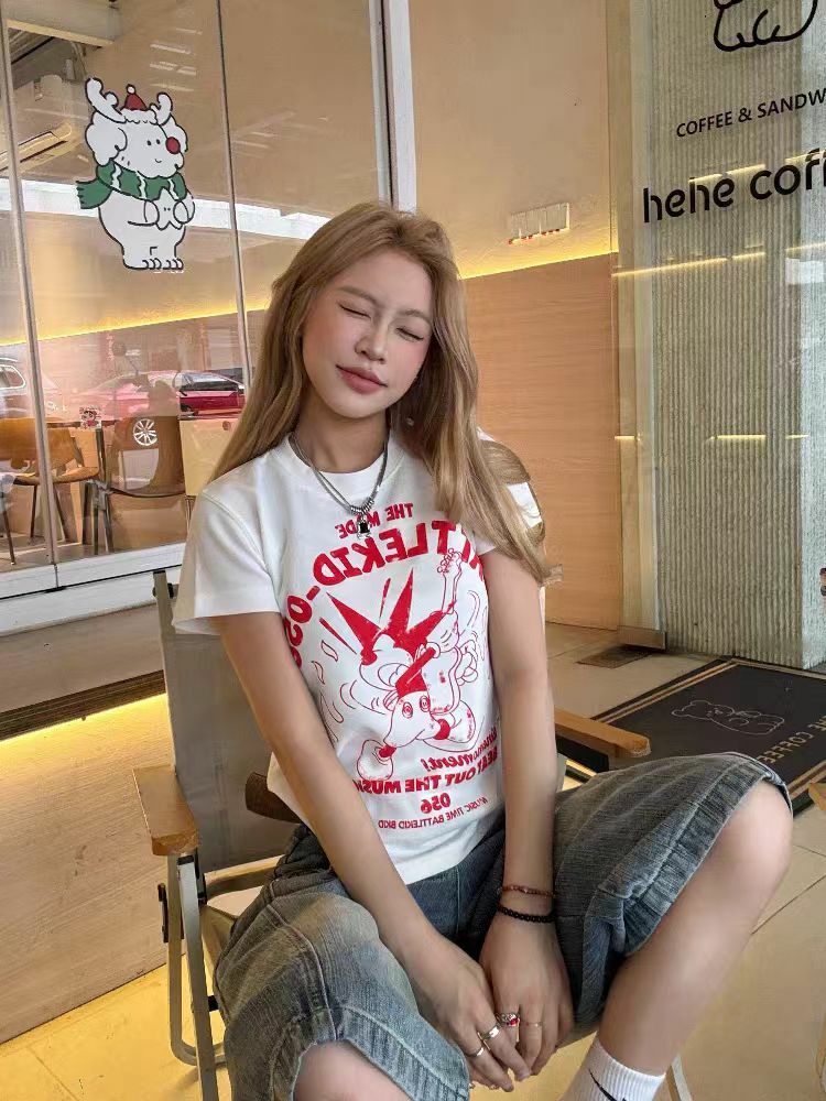 American Retro Cartoon Print Short Sleeve T-Shirt for Women - 2025 Summer Slim Fit Style, Perfect for Y2K and Vintage Fashion Lovers