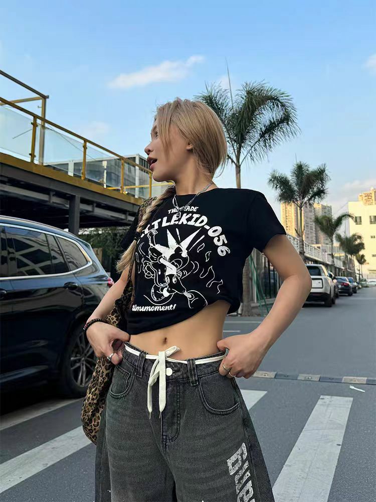 American Retro Cartoon Print Short Sleeve T-Shirt for Women - 2025 Summer Slim Fit Style, Perfect for Y2K and Vintage Fashion Lovers