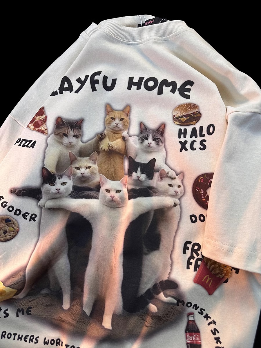 American Retro Cat Print Pure Cotton Short Sleeve T-Shirt for Men and Women - Plus Size Loose Couple Outfit - Y2K Style