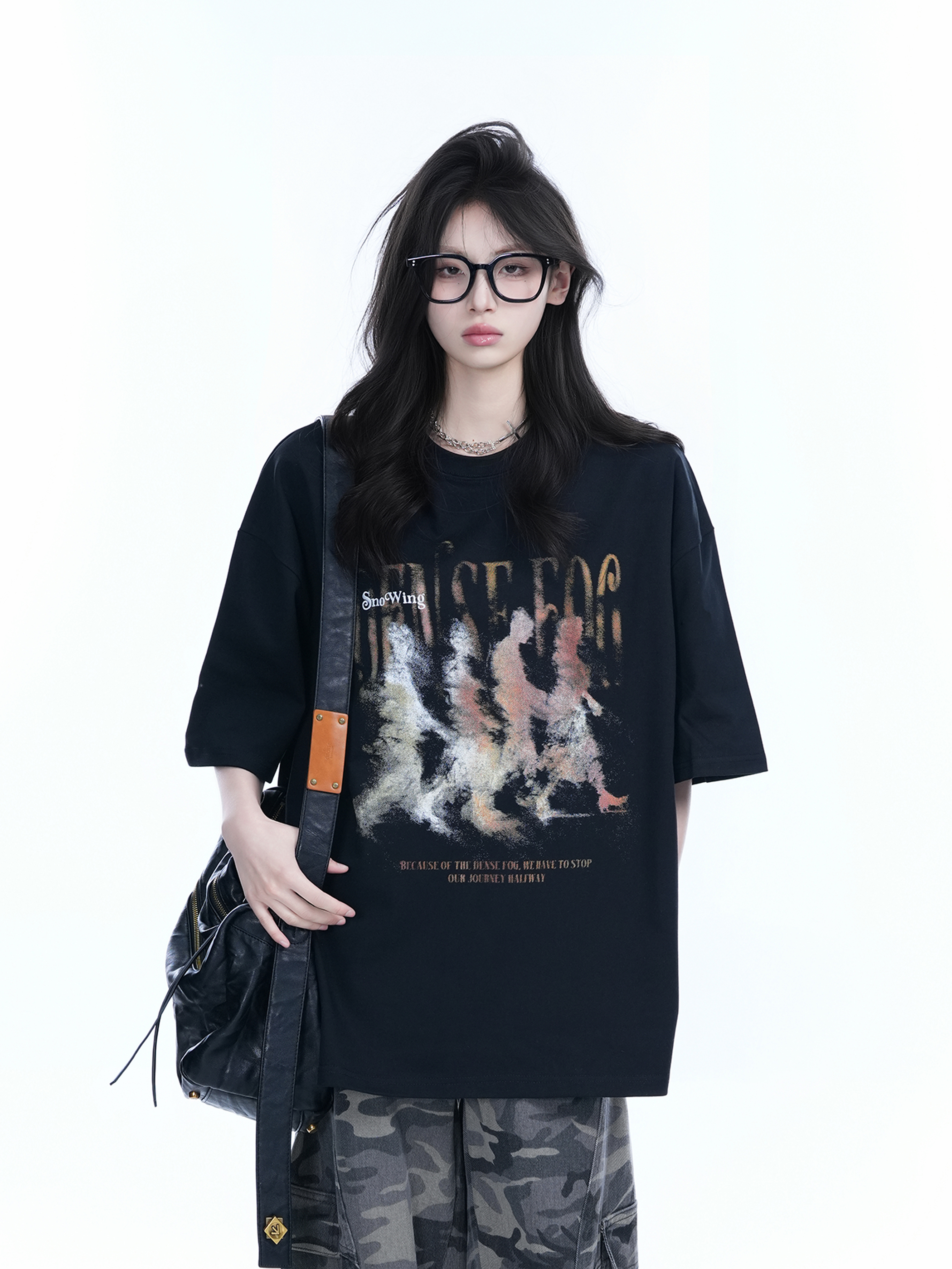American Retro Character Black Short-Sleeve T-Shirt for Women - Summer Heavy Loose Round Neck Trendy Tee