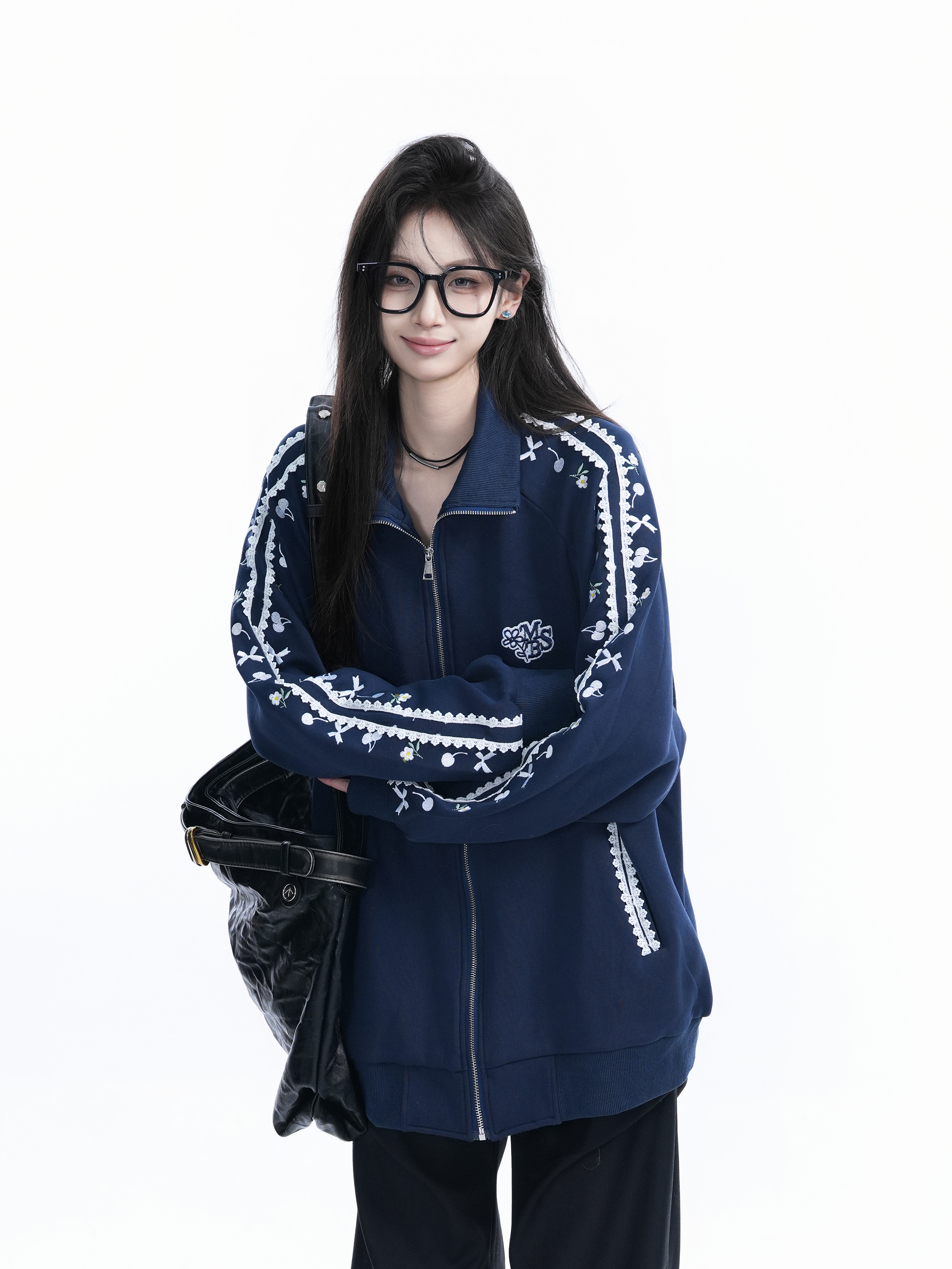 American Retro Cherry Bow Embroidered Cardigan Sweatshirt for Women - Plush Loose Zip-Up Jacket, Y2K Inspired Fashion