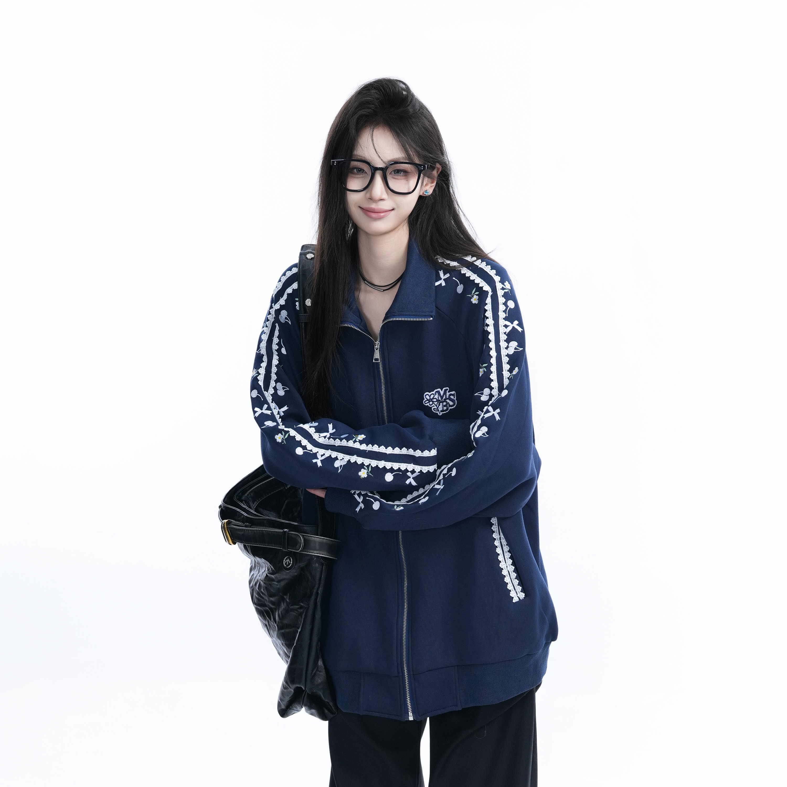 American Retro Cherry Bow Embroidered Cardigan Sweatshirt for Women - Plush Loose Zip-Up Jacket, Y2K Inspired Fashion