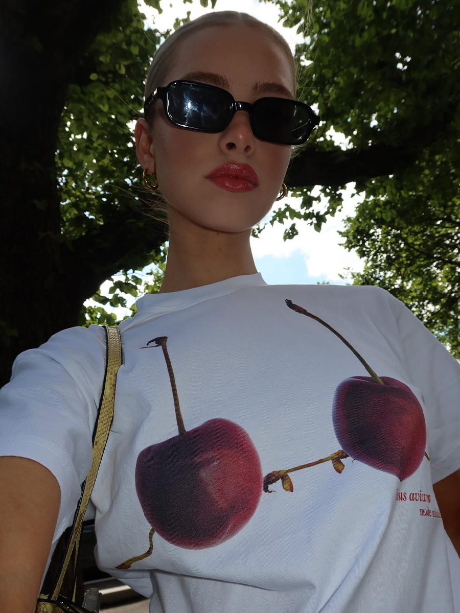 American Retro Cherry Fruit 3D Printed Short Sleeve T-Shirt for Women, Trendy Loose Fit Y2K Style Top