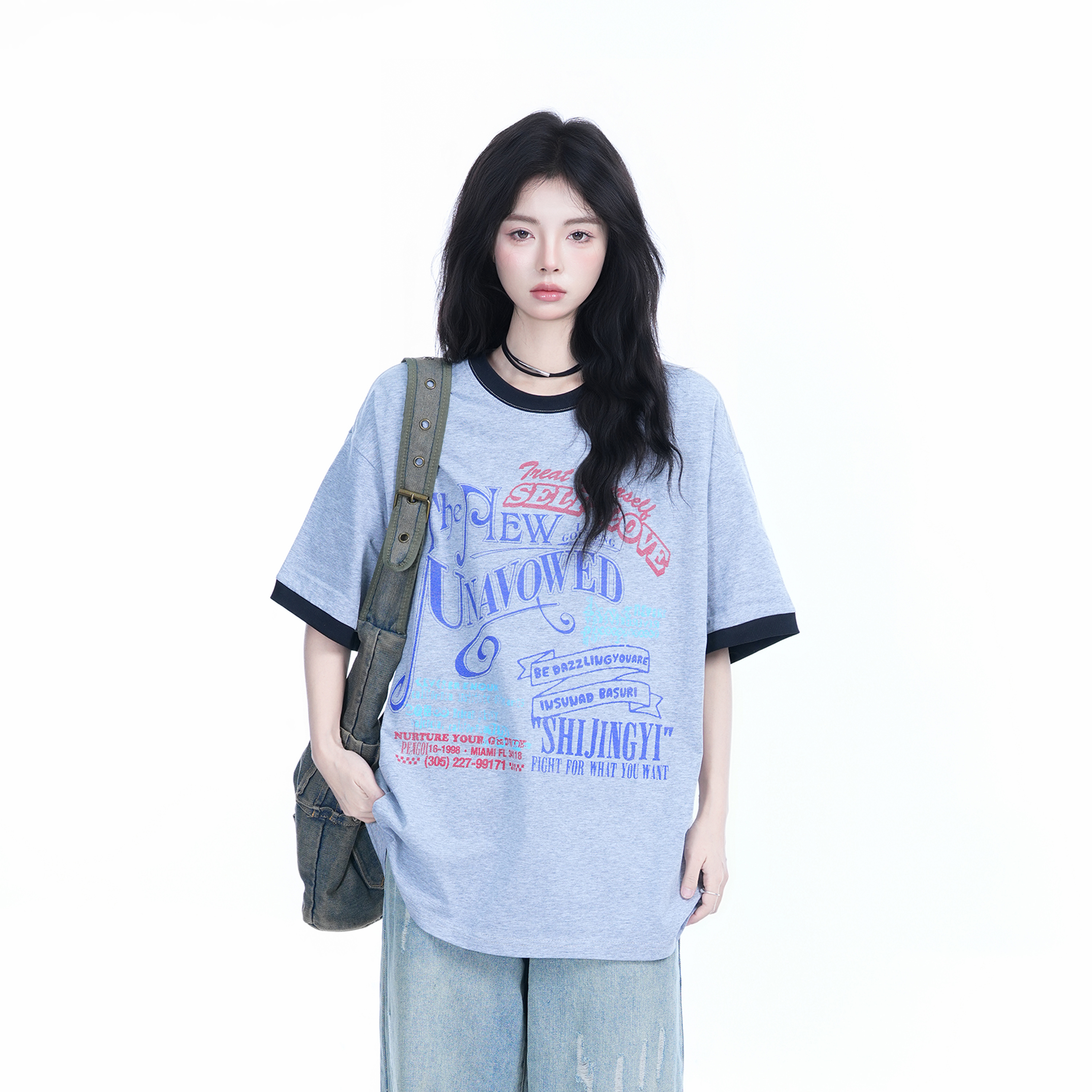 American Retro Color-Block Round Neck Short Sleeve T-Shirt for Women - Loose Fit Summer Style, Casual Couple Top