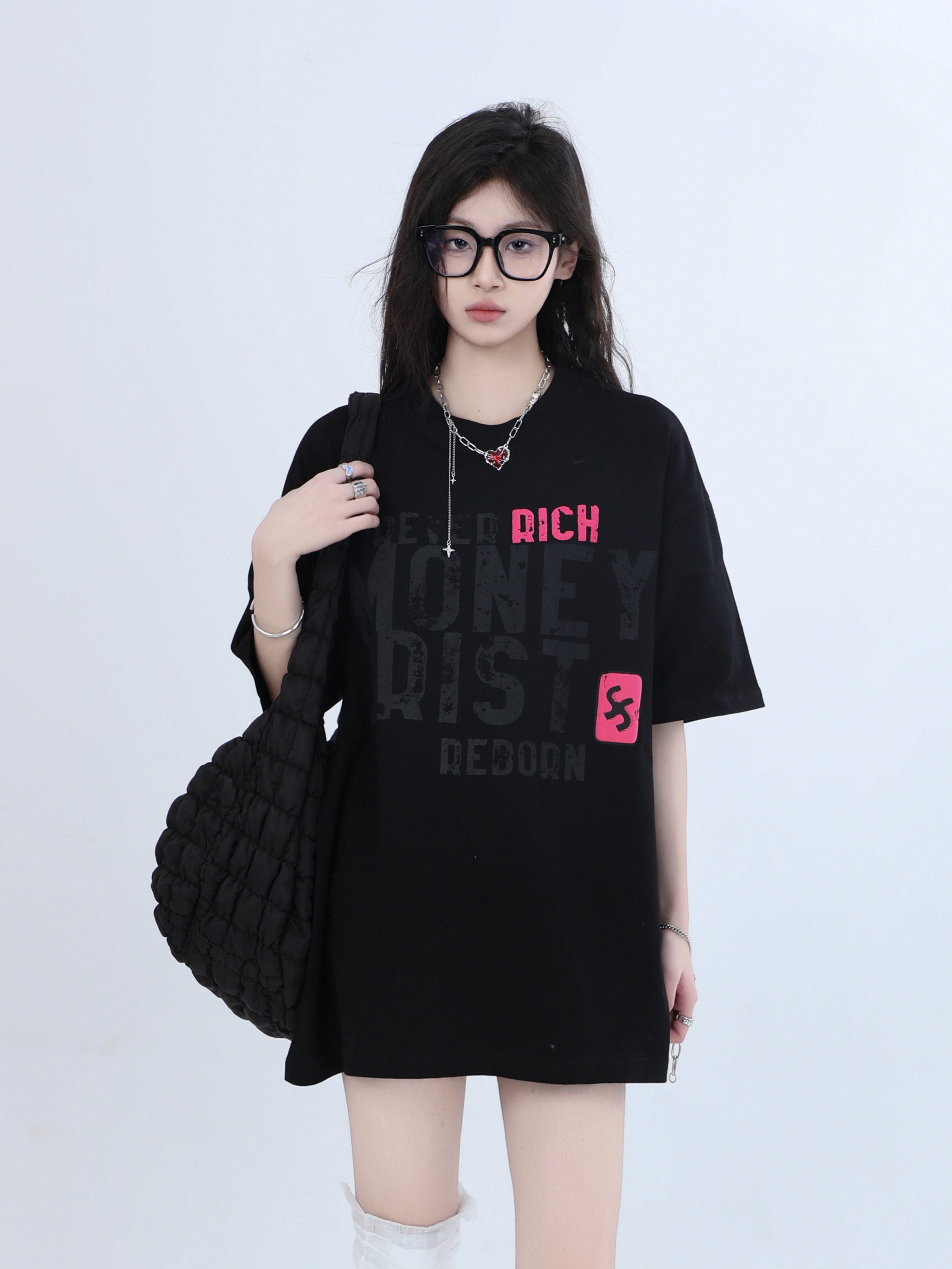 American Retro Color-Blocked Letter Short Sleeve T-Shirt for Women - Unique Loose Trendy Style, Casual Vintage 90s Fashion