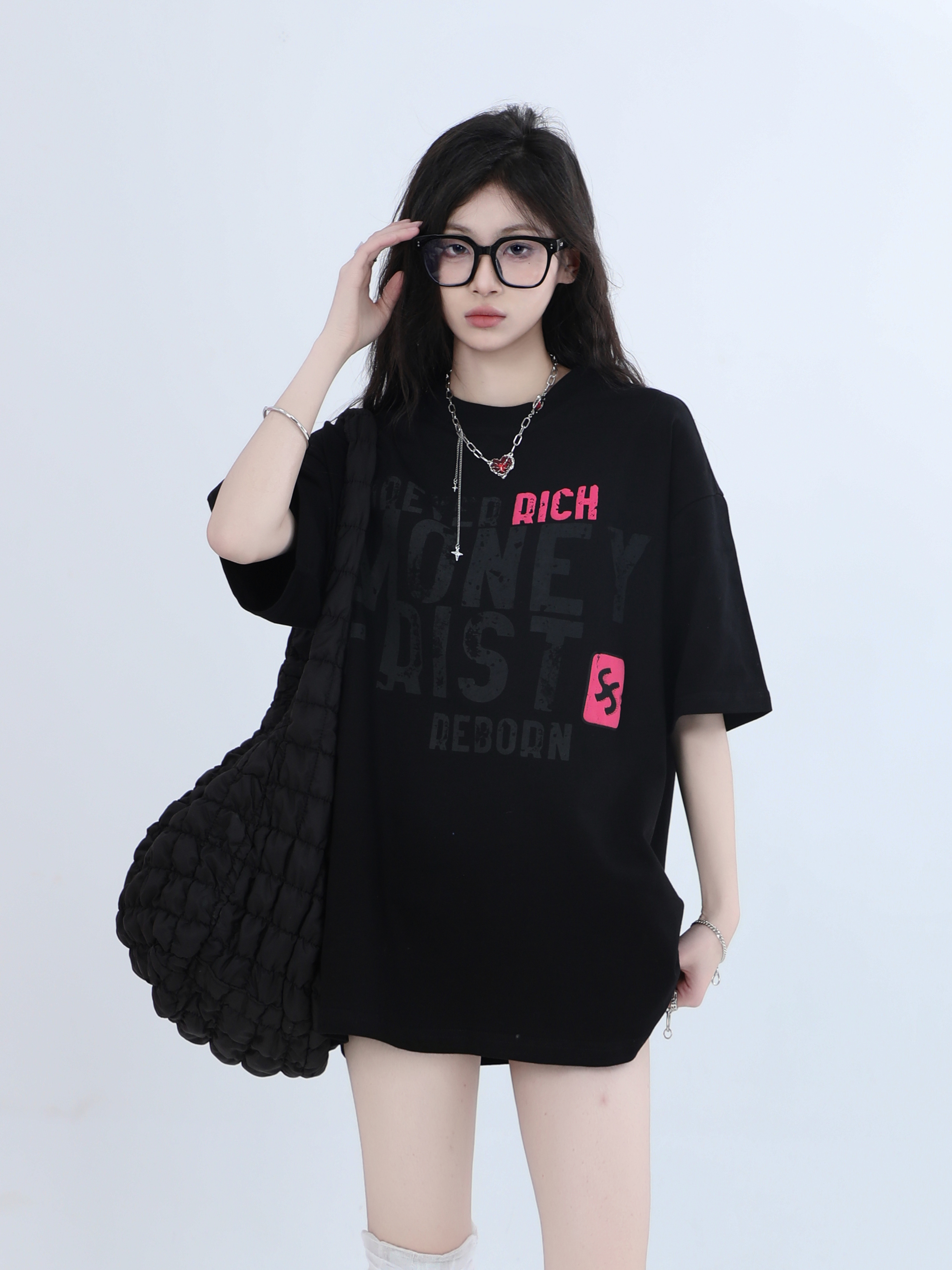 American Retro Color-Blocked Letter Short Sleeve T-Shirt for Women - Unique Loose Trendy Style, Casual Vintage 90s Fashion