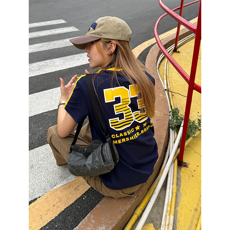 American Retro Color-Blocking Striped Short Sleeve T-Shirt with Small Collar for Women - Trendy Summer Streetwear