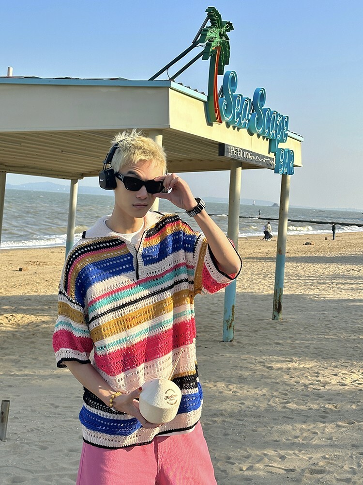 American Retro Colorful Striped Hollow Knit Shirt - Spring Summer Loose Casual Lapel Top for Trendy Style