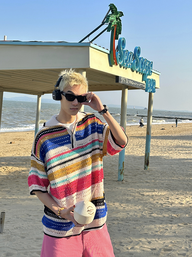 American Retro Colorful Striped Hollow Knit Shirt - Spring Summer Loose Casual Lapel Top for Trendy Style