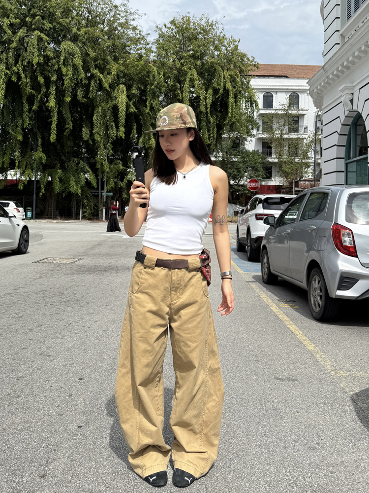 American Retro Curved Knife Pants - Loose Fit, Washed Spliced Design, Casual Long Pants for Men and Women, Y2K Style