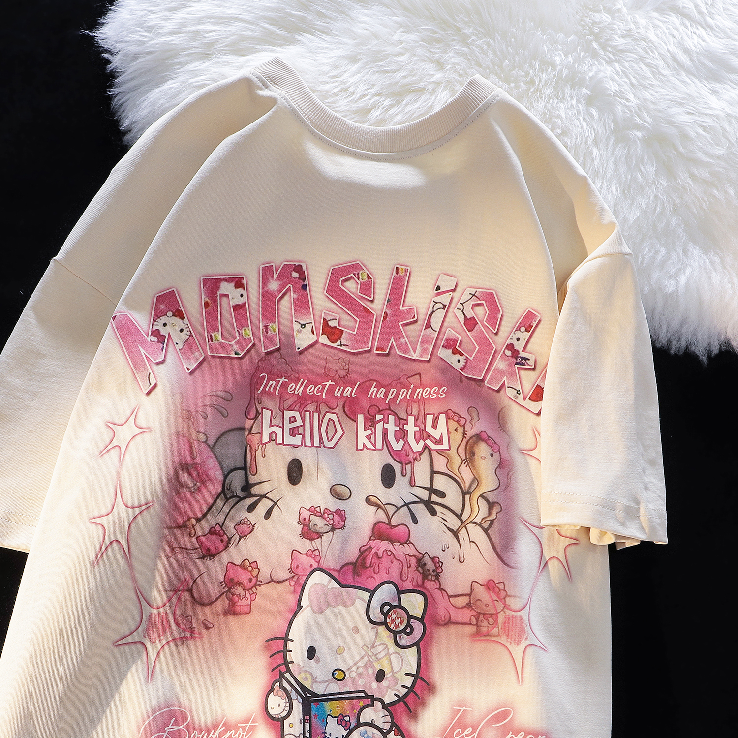 American Retro Cute Hello Kitty Cotton Short Sleeve T-Shirt for Men and Women Plus Size Loose Fit Trendy Couple Top