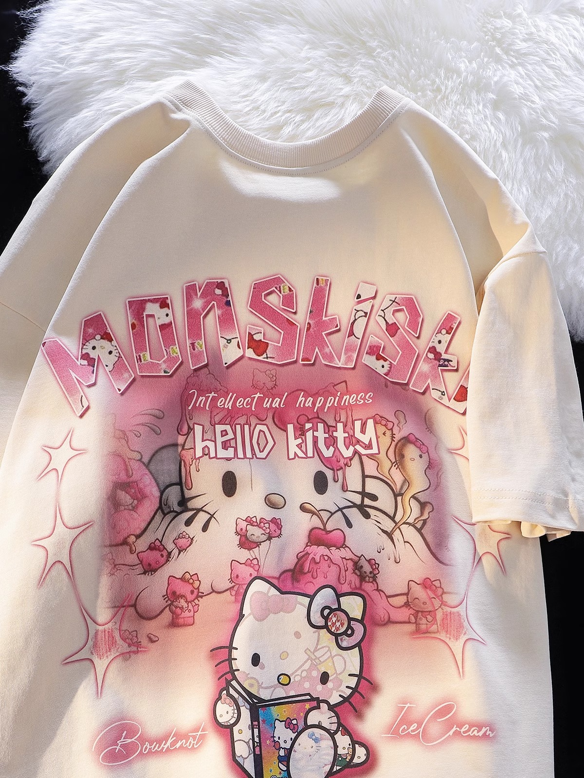 American Retro Cute Hello Kitty Cotton Short Sleeve T-Shirt for Men and Women Plus Size Loose Fit Trendy Couple Top