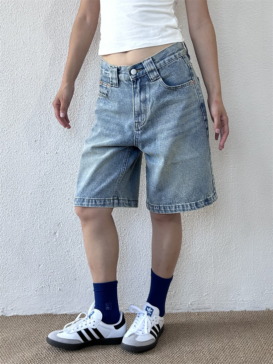 American Retro Denim Shorts for Women - Loose Casual Fried Snowflake Design, Spring 2025 Heavy Industry Style, Five-Point Length