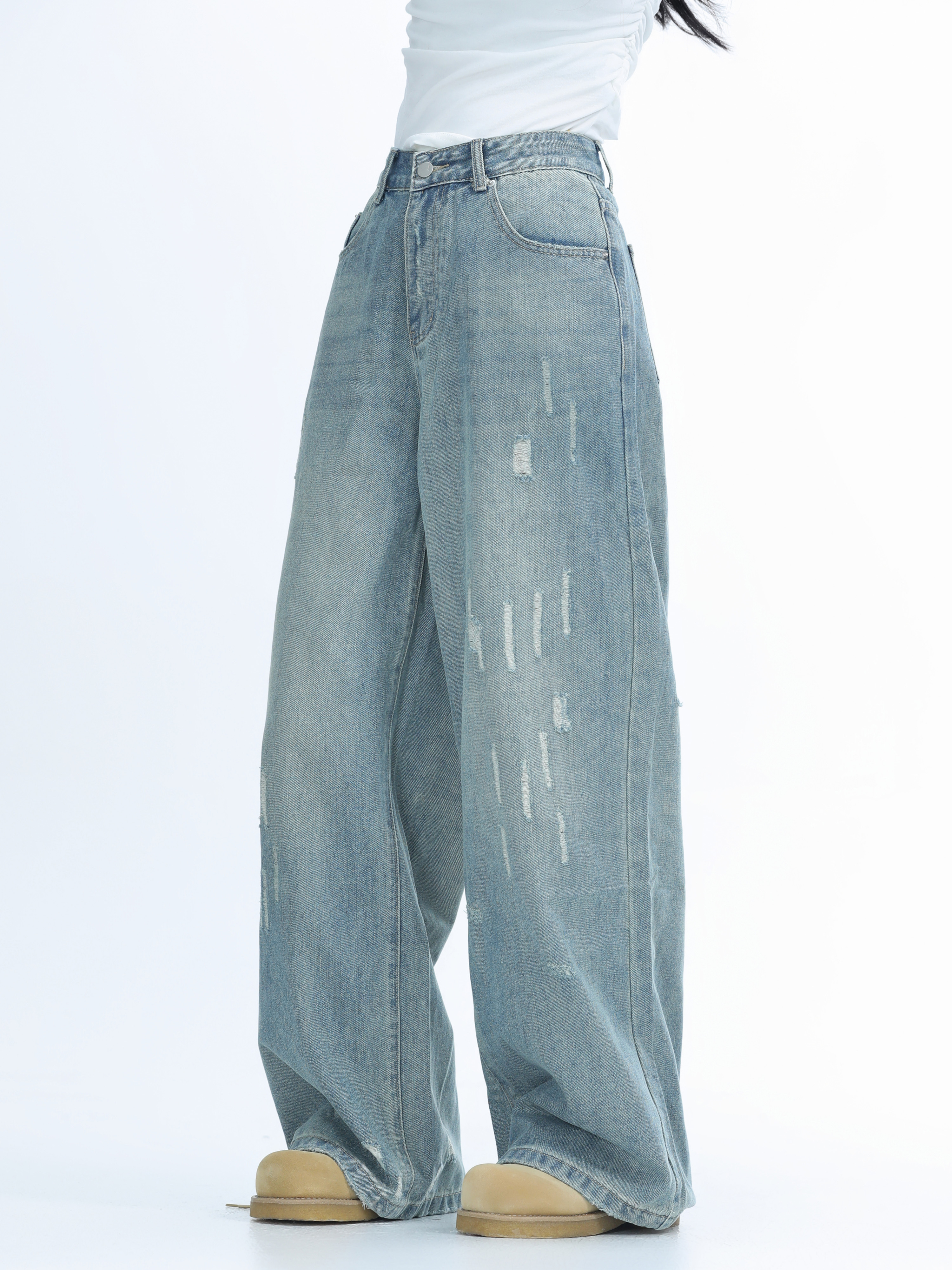 American Retro Distressed Ripped Denim Pants for Women - Washed Loose Slim Wide-Leg Trousers, Trendy Y2K Hot Girl Style
