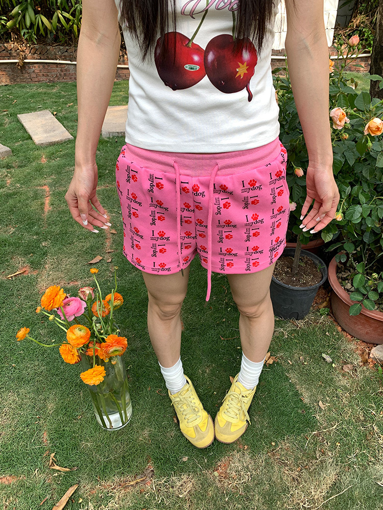 American Retro Dog Paw Print Low-Waist Three-Point Shorts for Summer – Unisex Loose Fit Casual Elastic Waist Pants
