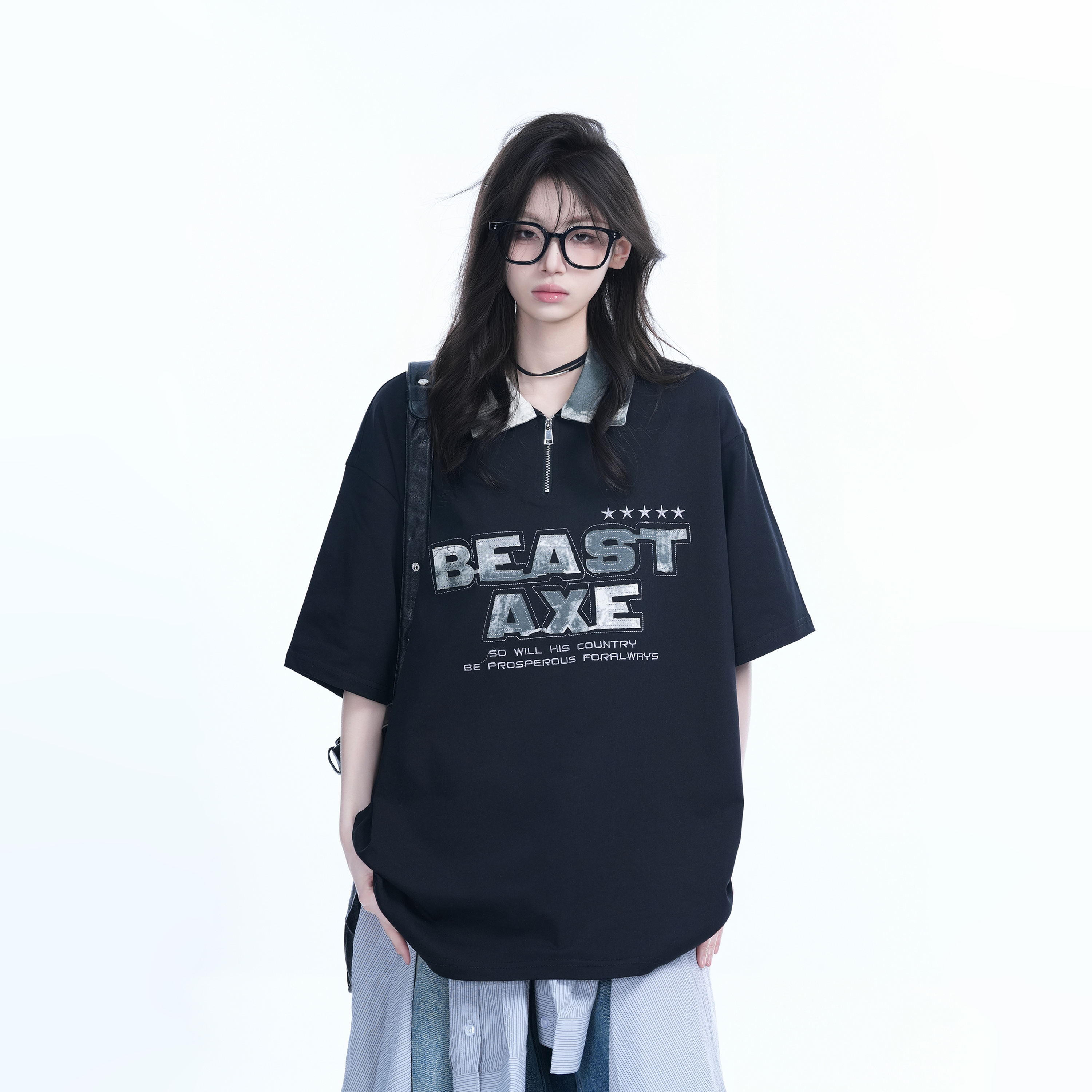 American Retro Embroidered Half-Zip Collar Oversized Short-Sleeve T-Shirt for Women - Casual Y2K Style Top