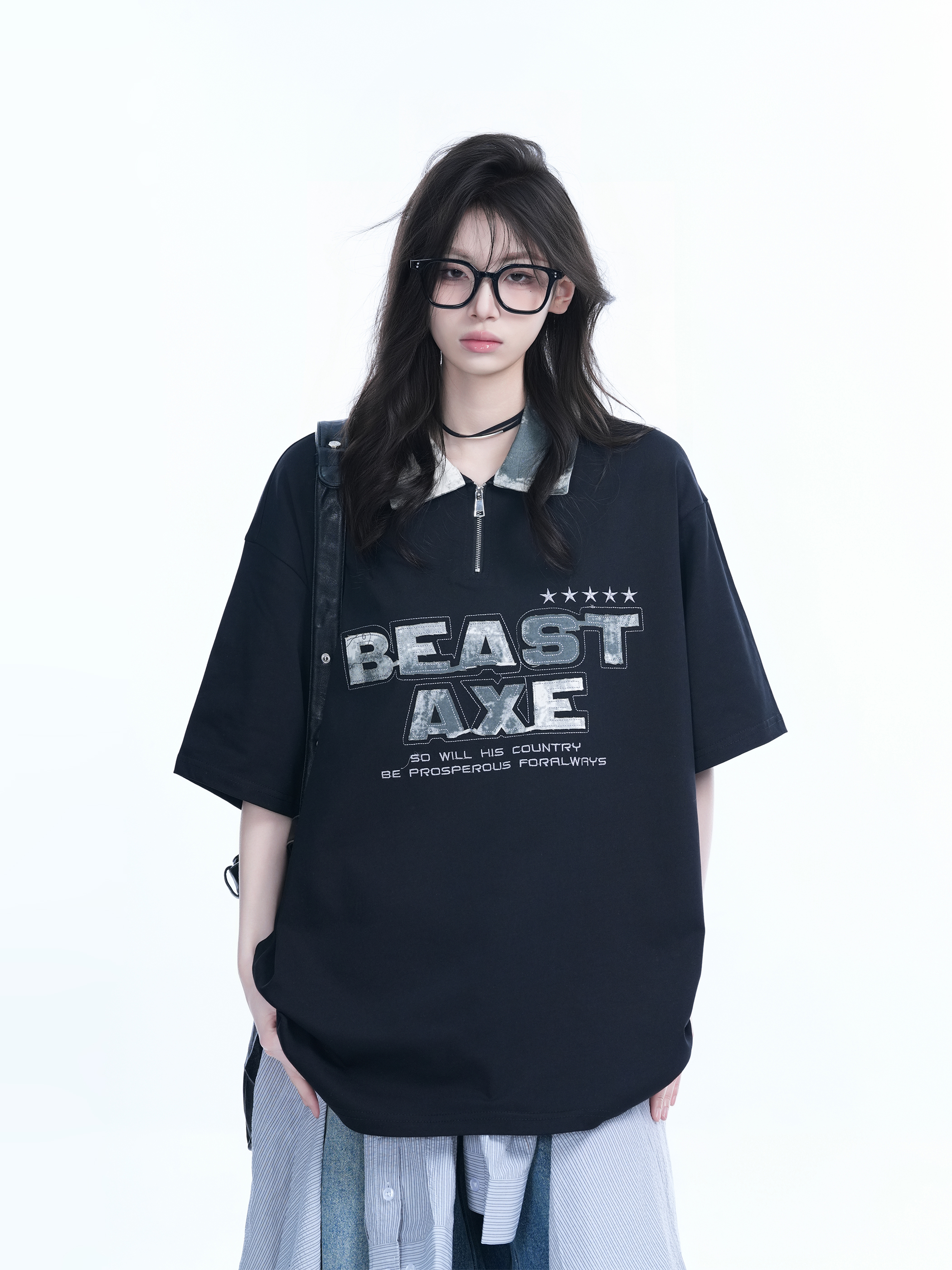 American Retro Embroidered Half-Zip Collar Oversized Short-Sleeve T-Shirt for Women - Casual Y2K Style Top