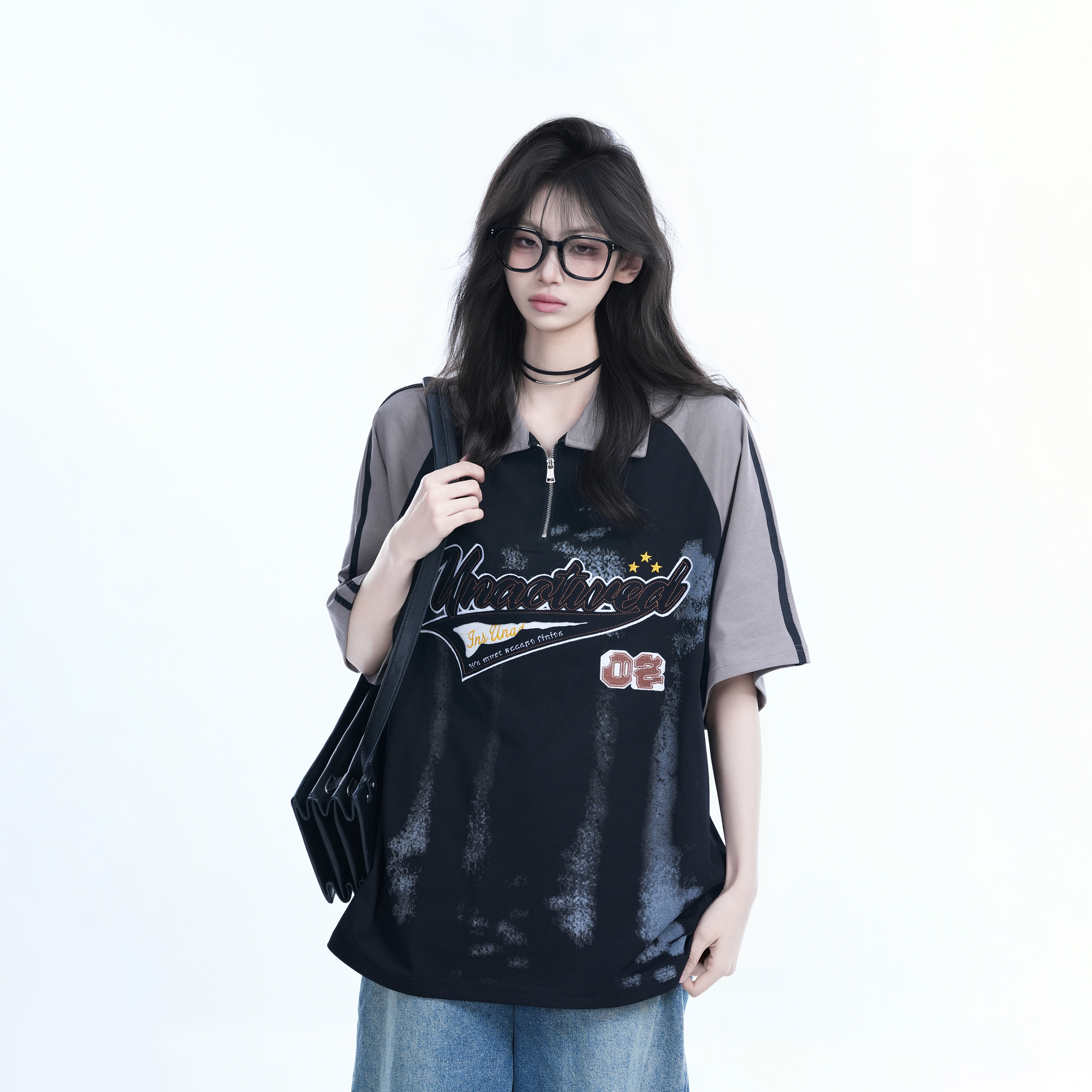 American Retro Embroidered Half-Zip Collar Short Sleeve T-Shirt for Women, Loose Fit, Trendy Vintage Style