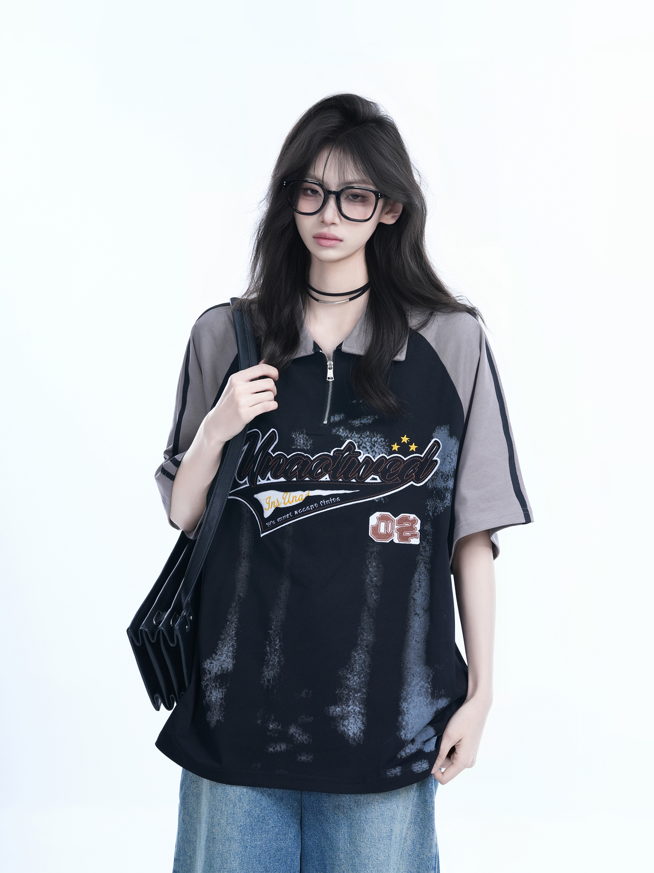 American Retro Embroidered Half-Zip Collar Short Sleeve T-Shirt for Women, Loose Fit, Trendy Vintage Style