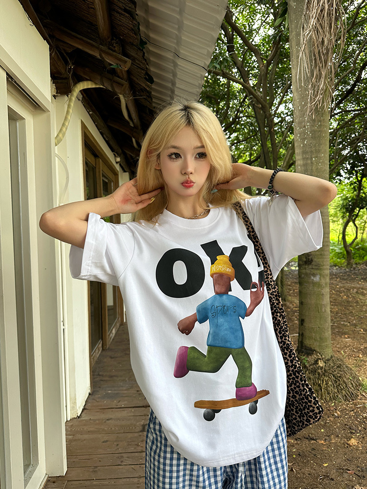 American Retro Fun Letter Print Short Sleeve T-Shirt for Couples - Loose Casual Versatile Top, Y2K Style