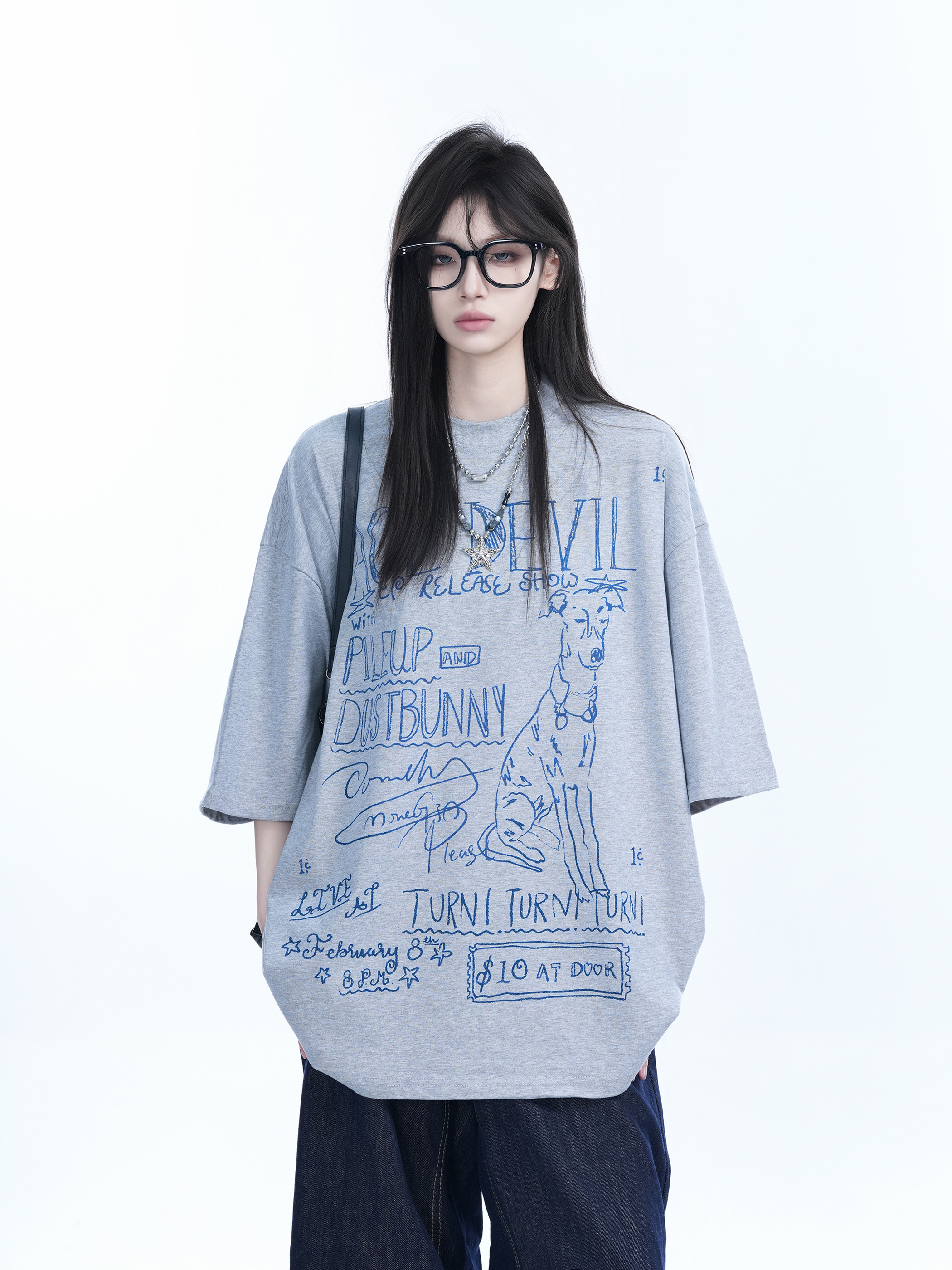 American Retro Graffiti Oversized Short Sleeve T-Shirt for Women - "Sit and Eat Until the Mountains Are Empty" Trendy Casual Style