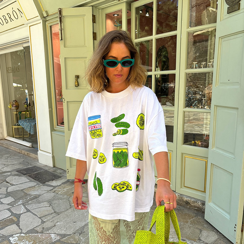 American Retro Green Fruit Print Oversized Short Sleeve T-Shirt for Women - Y2K European Style Hot Girl Fashion
