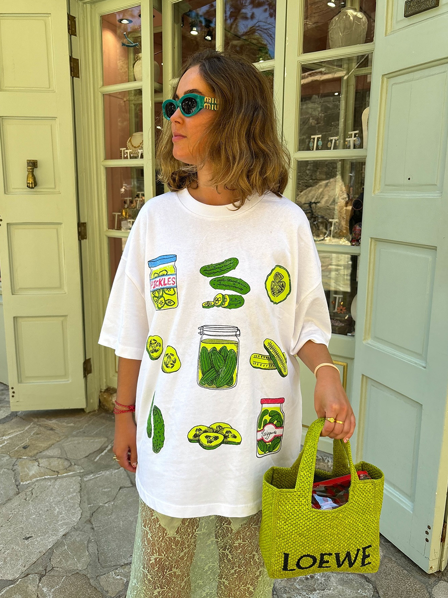 American Retro Green Fruit Print Oversized Short Sleeve T-Shirt for Women - Y2K European Style Hot Girl Fashion