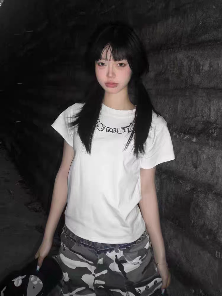 American Retro Kitty Cat Print White Short Sleeve T-Shirt for Women - Summer Slim Fit Trendy Top, Y2K Style