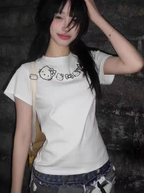 American Retro Kitty Cat Print White Short Sleeve T-Shirt for Women - Summer Slim Fit Trendy Top, Y2K Style