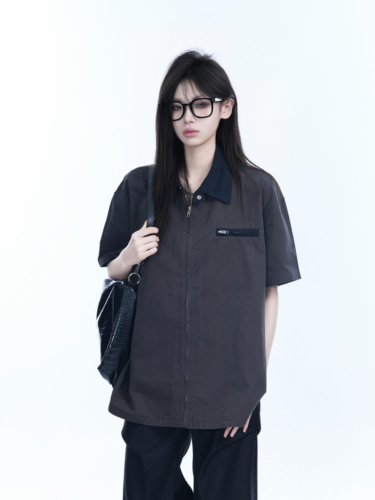 American Retro Lapel Zip Short Sleeve Shirt for Women - Gender-Neutral Loose Fit with Unique Niche Design, Casual Vintage Style