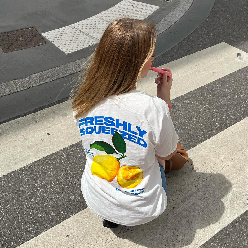 American Retro Lemon Print Oversized Cotton Short Sleeve T-Shirt for Women - Trendy Y2K Style Top
