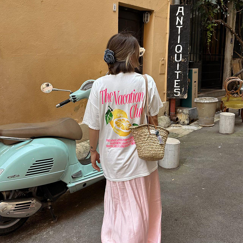 American Retro Lemon Print White Cotton Oversized T-Shirt - Trendy Summer Short Sleeve for Women, Y2K European Style