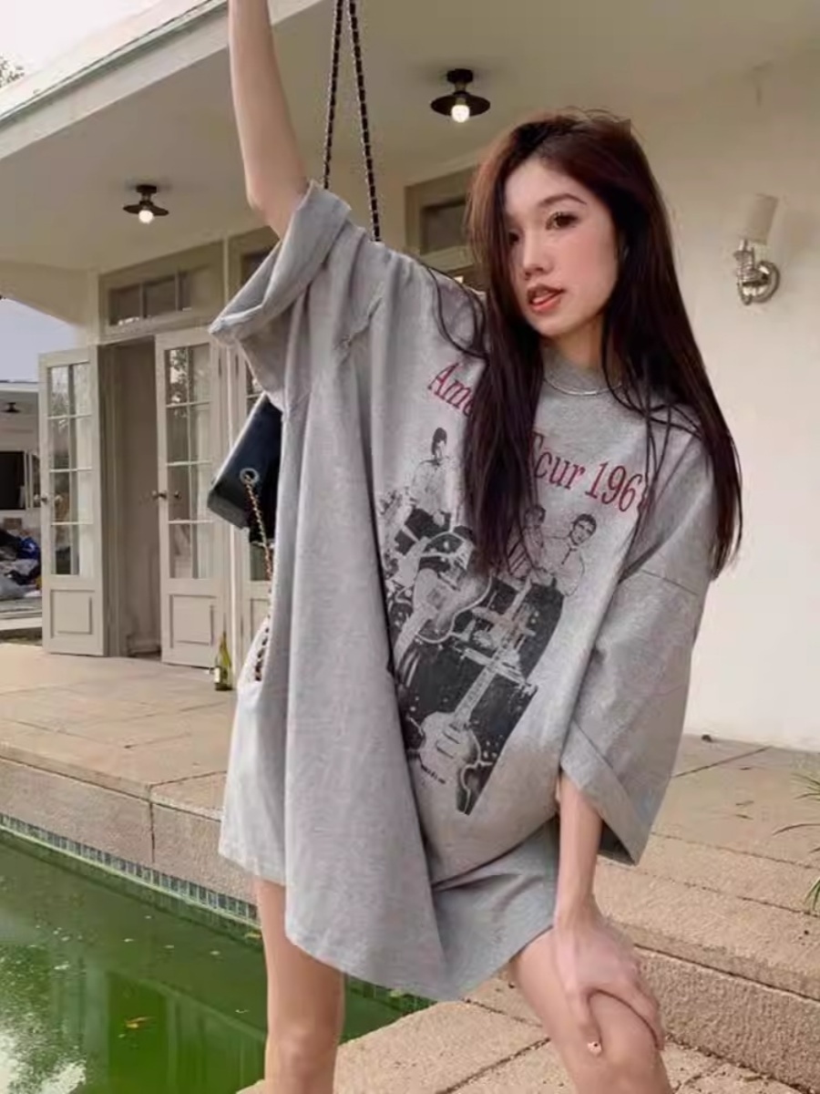 American Retro Mid-Length BF Style Pure Cotton Short-Sleeve T-Shirt for Men and Women, Plus Size Loose Summer Casual Top
