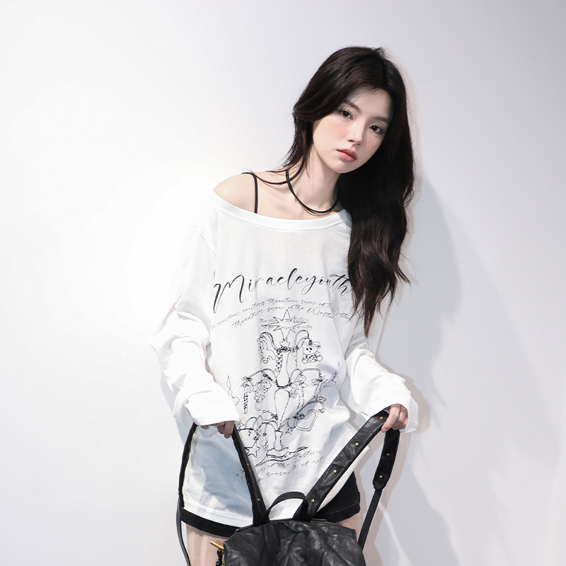 American Retro Off-Shoulder Long Sleeve T-Shirt for Women - Summer Thin Loose Cover-Up with Sun Protection, Casual Fit
