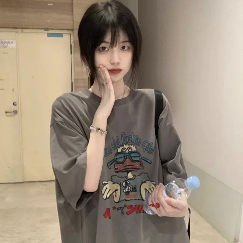 American Retro Oversized Cotton Duck Short-Sleeve T-Shirt for Men and Women, Plus Size, Loose Fit, Trendy Couple's Outfit