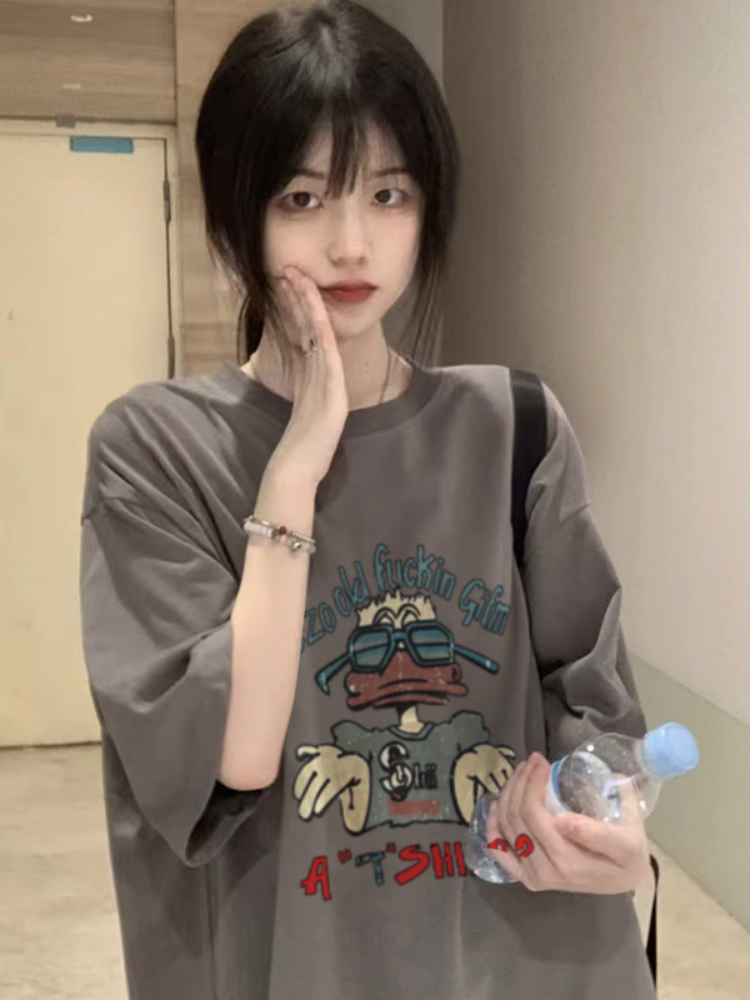 American Retro Oversized Cotton Duck Short-Sleeve T-Shirt for Men and Women, Plus Size, Loose Fit, Trendy Couple's Outfit