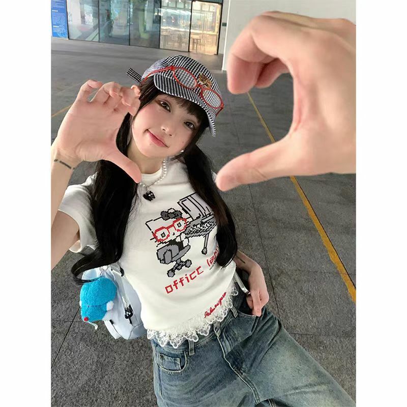 American Retro Parody Hello Kitty Shoulder-Baring Short Sleeve Women's Top - Slim Fit Stylish Summer Shirt 2025