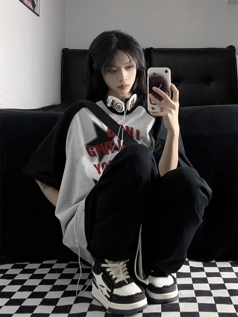 American Retro Patchwork Raglan Short Sleeve T-Shirt for Men and Women, Plus Size, Loose Fit, Trendy Hong Kong Style Couple Top