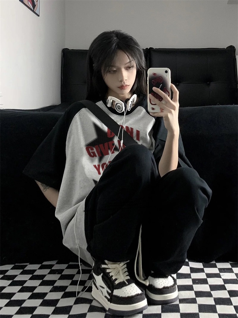 American Retro Patchwork Raglan Short Sleeve T-Shirt for Men and Women, Plus Size, Loose Fit, Trendy Hong Kong Style Couple Top