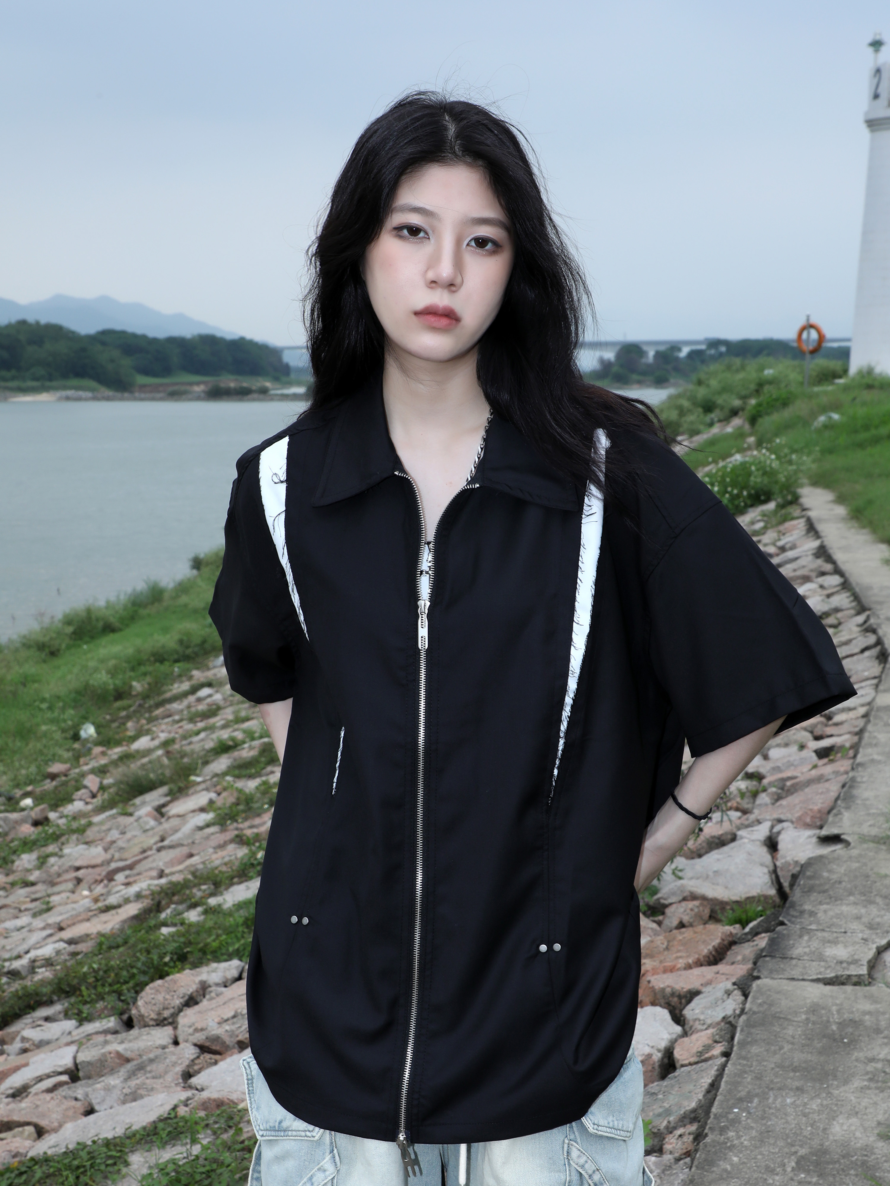 American Retro Patchwork Zip Short Sleeve Shirt for Women - Summer Loose Fit Casual Top, Y2K Street Style Fashion